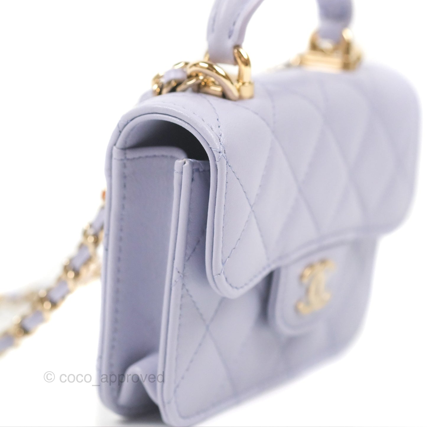Chanel Mini Handle Flap Coin Purse With Chain Purple Lambskin Gold Hardware