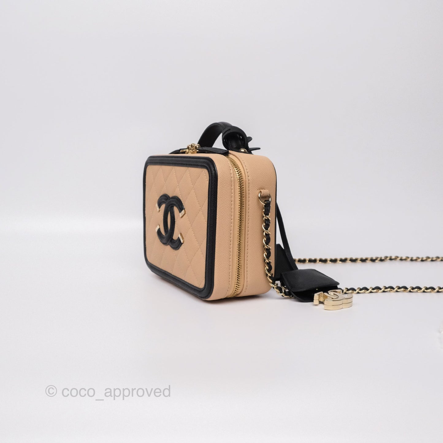 Chanel Quilted Small CC Filigree Vanity Case Black Beige Caviar Gold Hardware