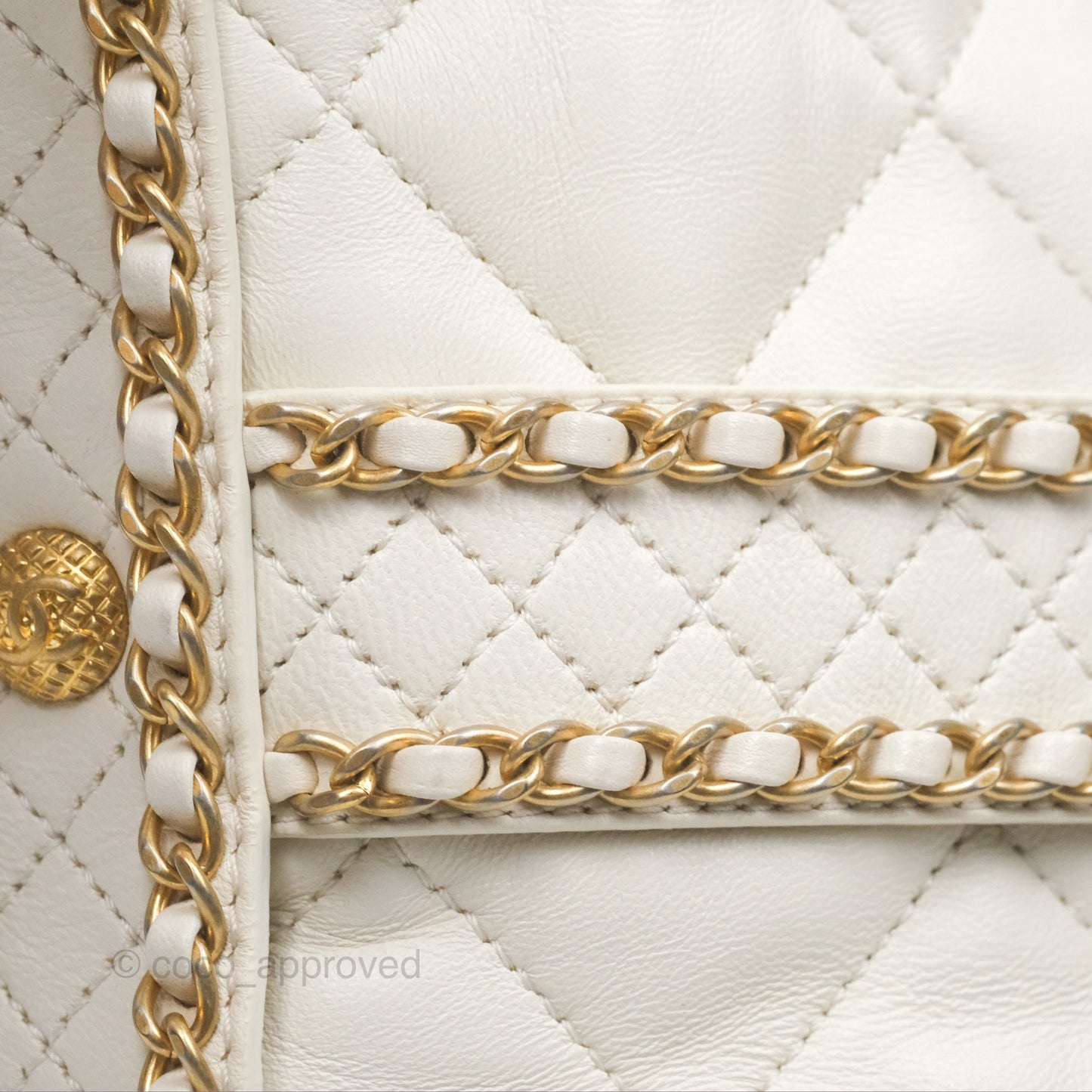 Chanel Quilted Drawstring Bucket Bag Ivory Lambskin Aged Gold Hardware