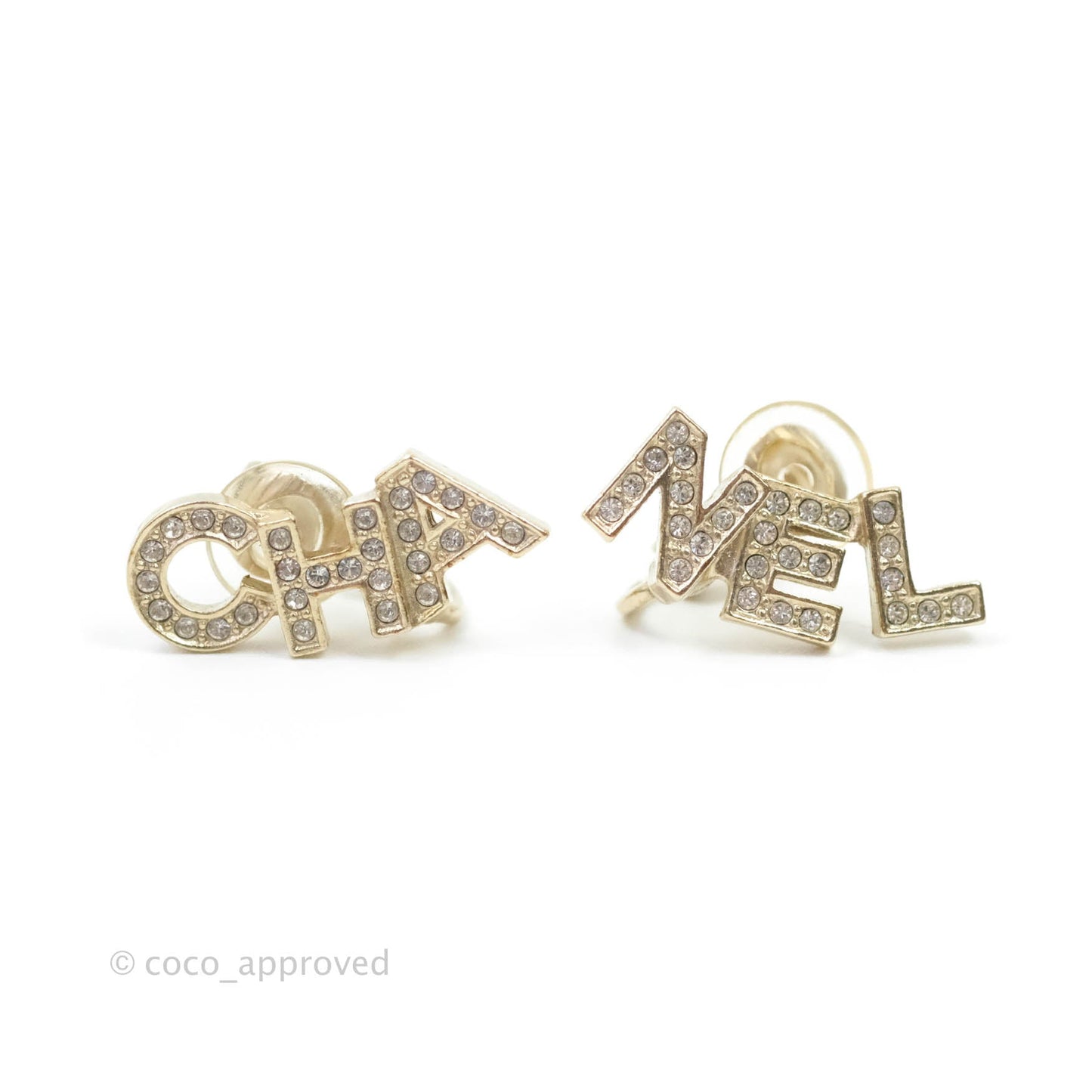 Chanel Crystal Pearl Signature Stud Ear Clips Gold Tone 20B