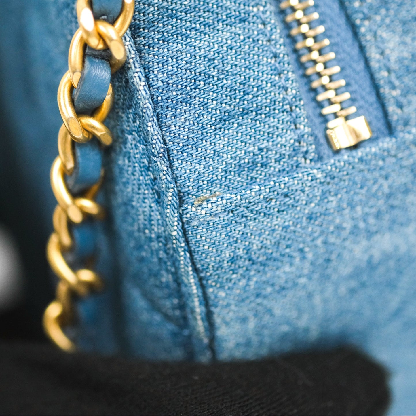 Chanel Quilted Pearl Crush Round Clutch With Chain Denim Aged Gold Hardware