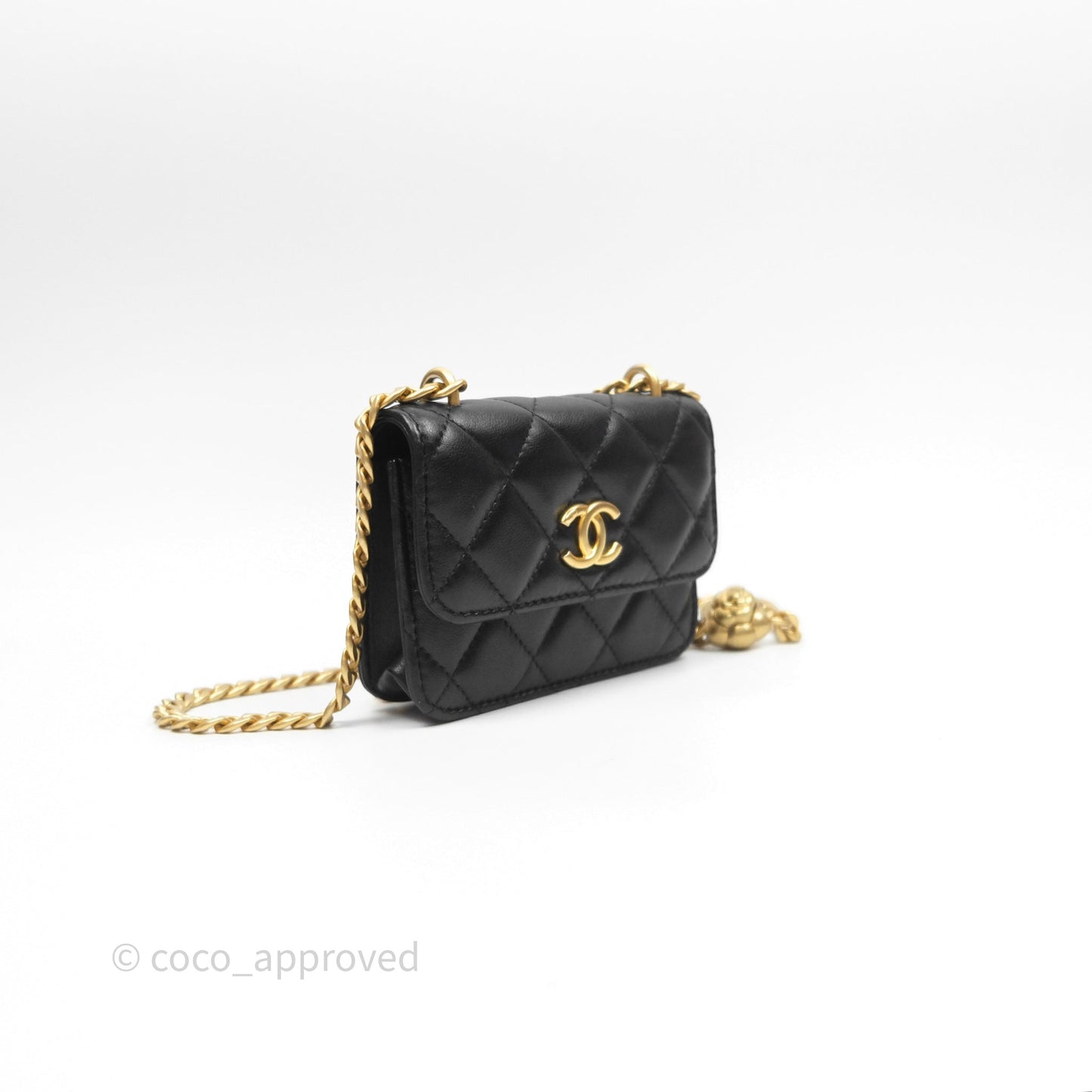 Chanel Mini Clutch With Chain Camellia Adjustable Black Lambskin Aged Gold Hardware