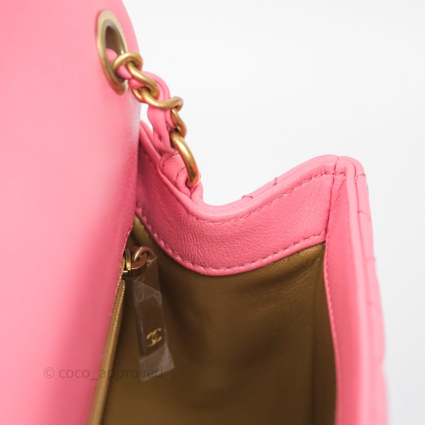 Chanel Pearl Crush Mini Square Quilted Pink Lambskin Aged Gold Hardware