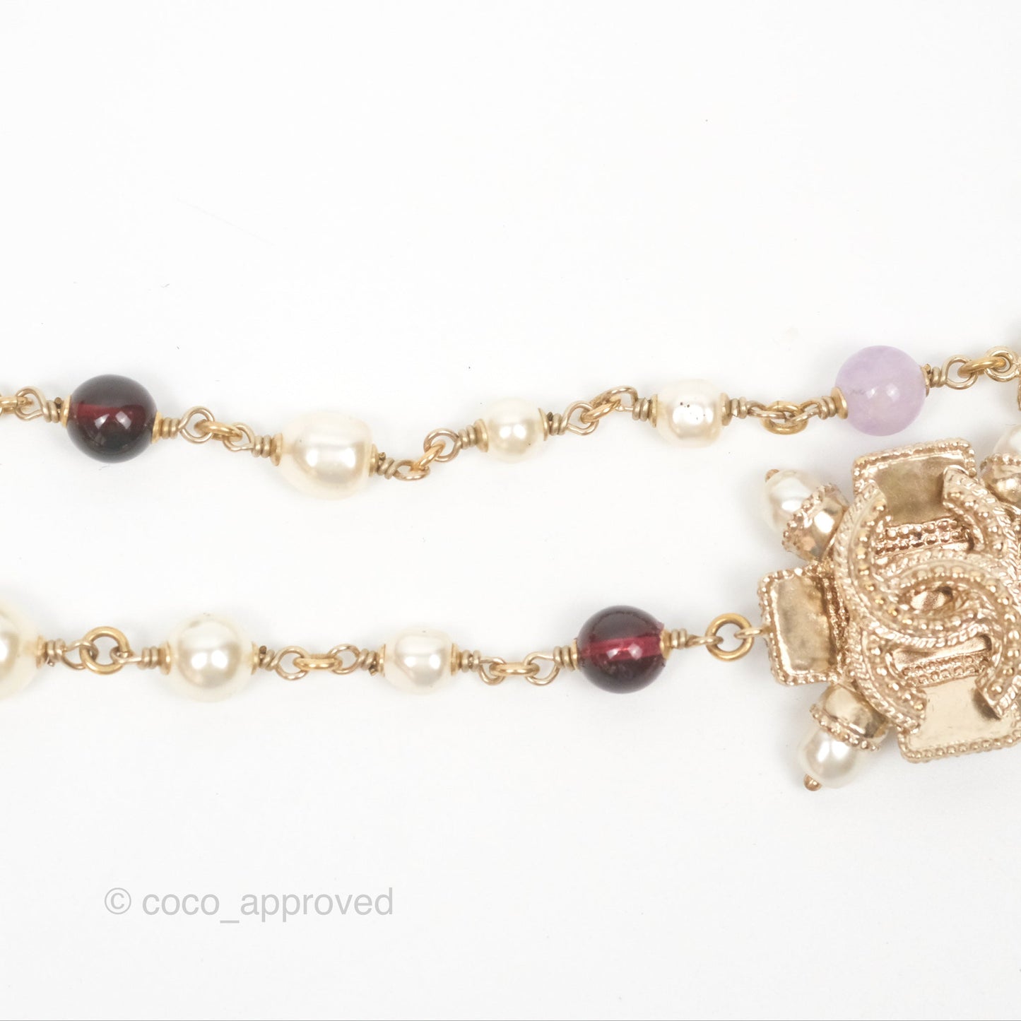 Chanel CC Pearl GemStone Long Necklace Gold Tone 17A