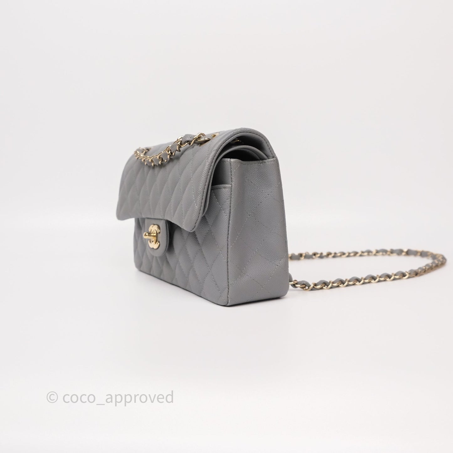 Chanel Small Classic Flap Quilted Grey Caviar Gold Hardware
