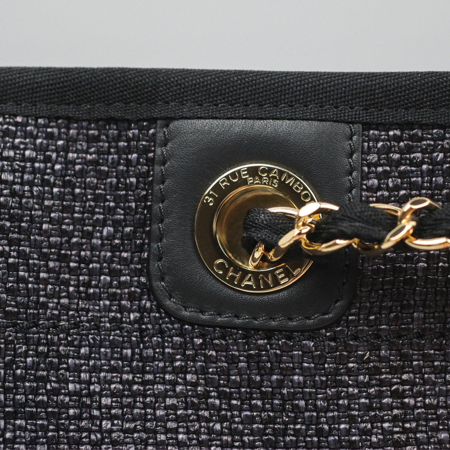 Chanel Medium Deauville Tote Black Dark Grey Raffia Woven Gold Hardware