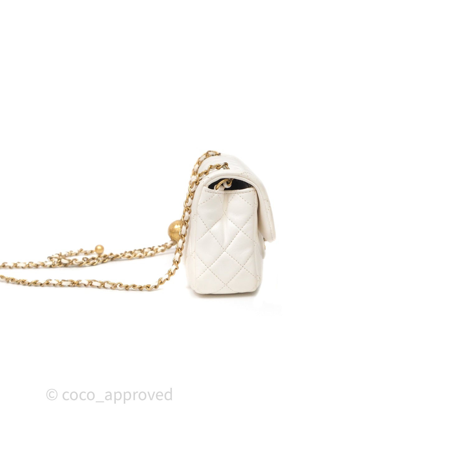 Chanel Mini Rectangular Pearl Crush Quilted White Lambskin Aged Gold Hardware