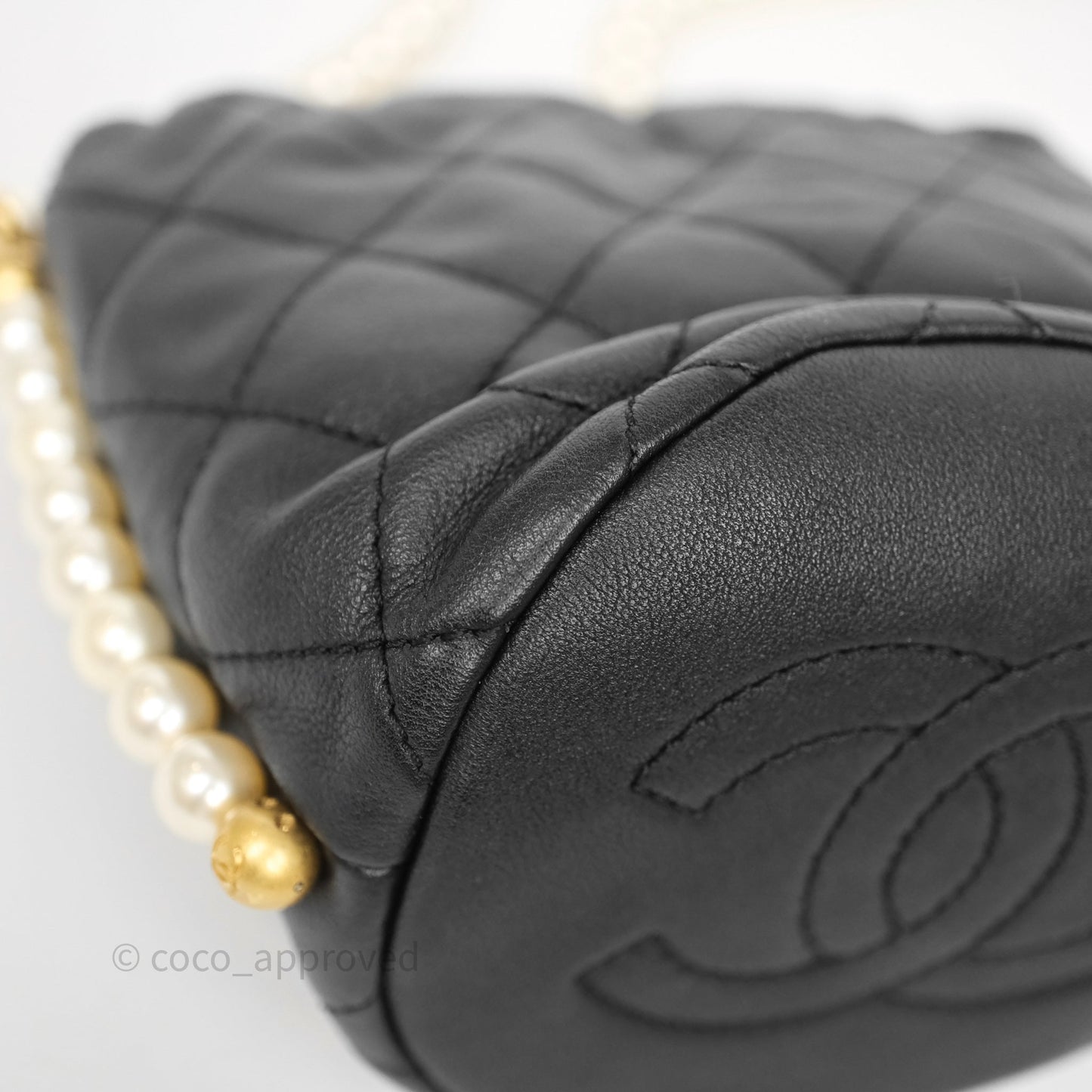 Chanel Quilted Pearl Mini About Pearls Drawstring Bucket Bag Black Calfskin