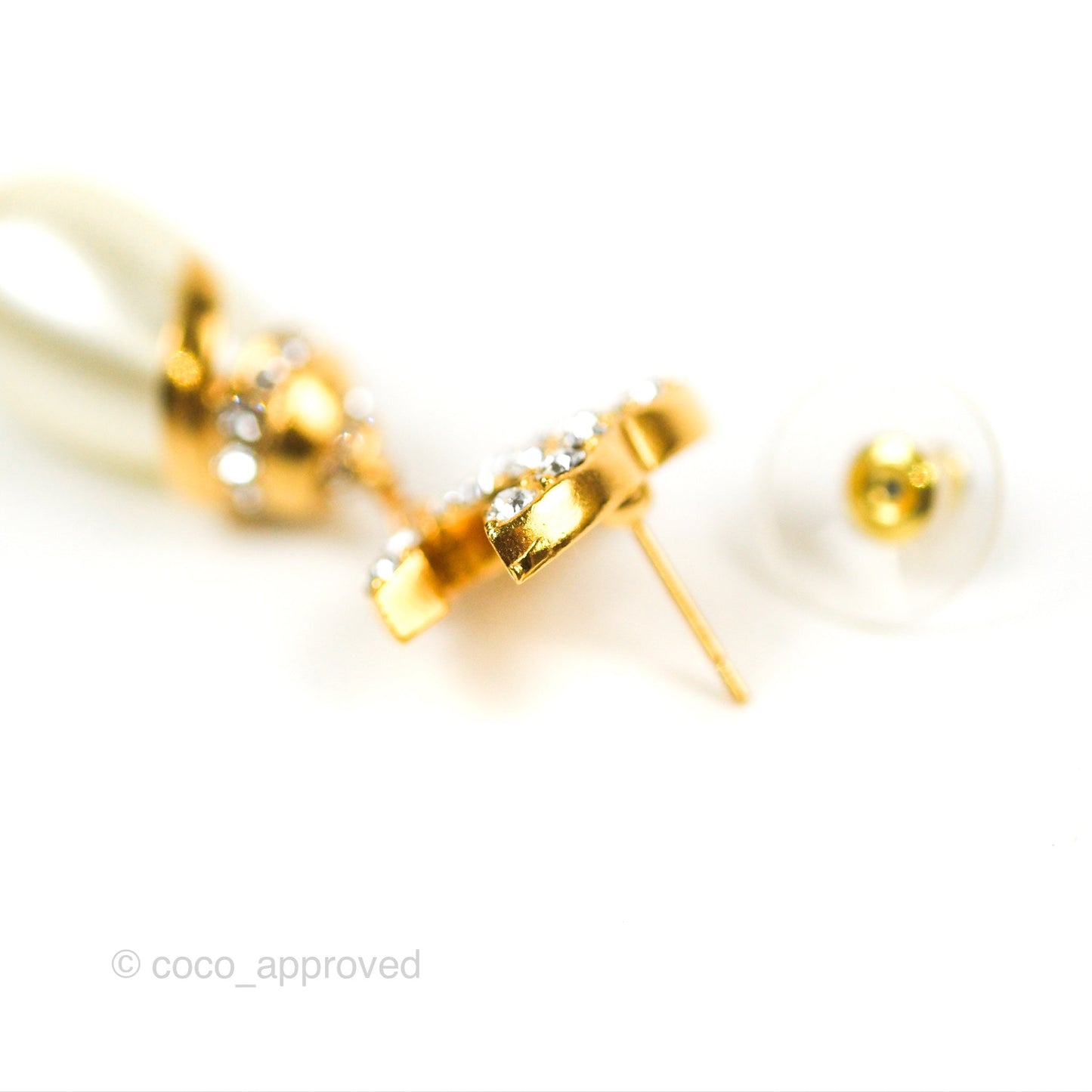 Chanel Crystal CC Drop Tear Pearl Earrings Gold Tone 22A