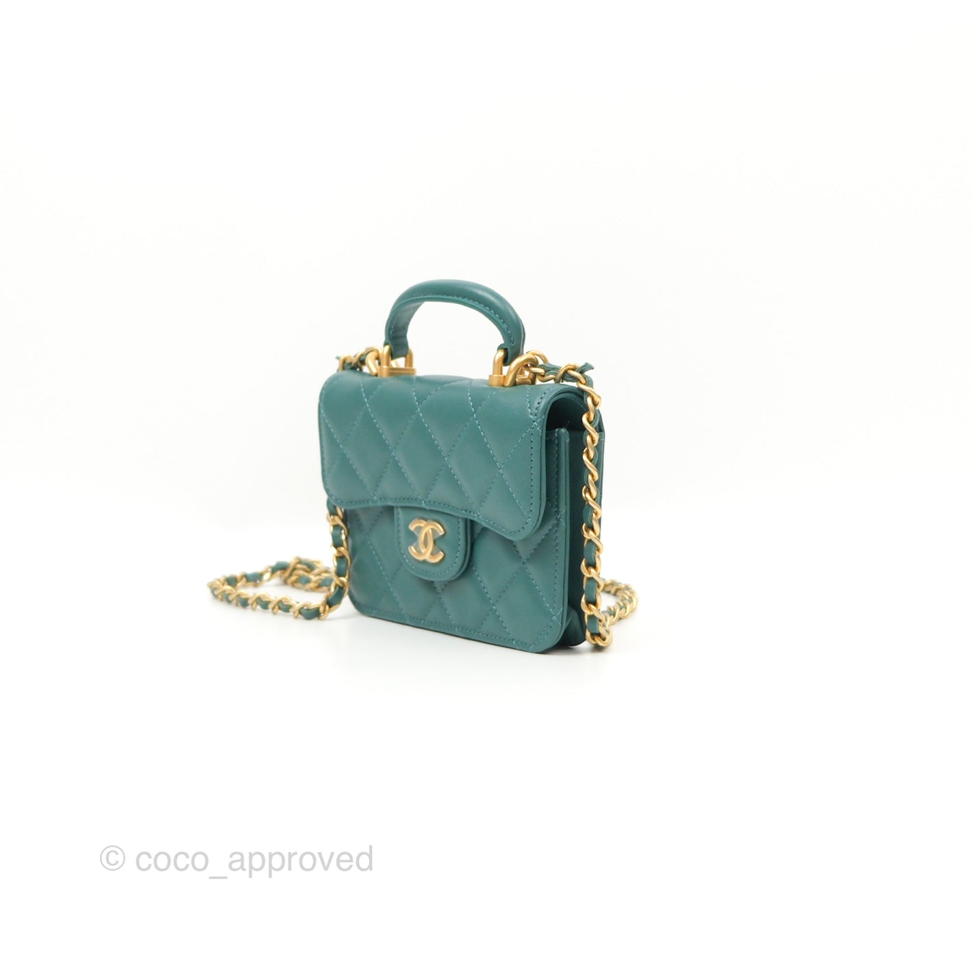 Chanel Mini Handle Flap Coin Purse With Chain Teal Green Lambskin Aged Gold Hardware