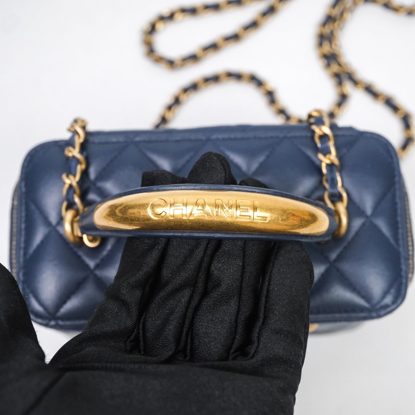 Chanel Vanity Rectangular Metal Top Handle Navy Lambskin Aged Gold Hardware