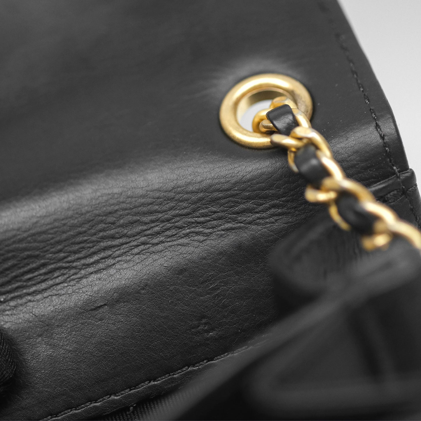Chanel Quilted Side Chain Flap Bag Black Calfskin Aged Gold Hardware
