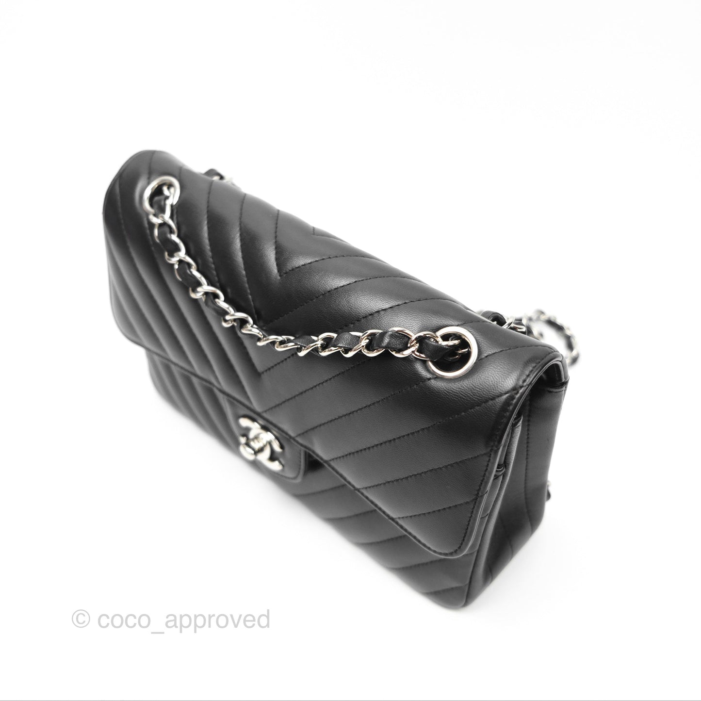 Chanel Small Classic Chevron Flap Black Lambskin Silver Hardware