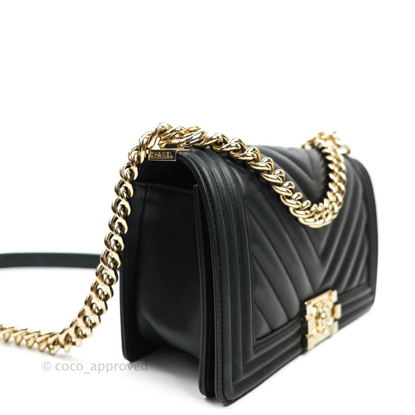 Chanel Chevron Medium Boy Bag Black Calfskin Gold Hardware