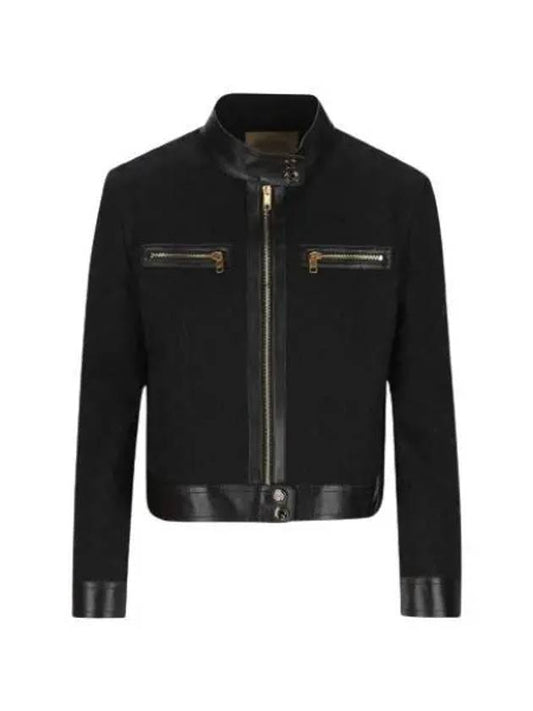 Luxury Gucci Trending 2025 GG Leather Triming Zip-up Jacket Black