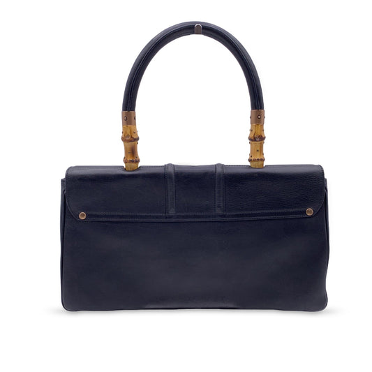 Luxury Gucci Black Leather Bamboo Detail Handbag Satchel Bag