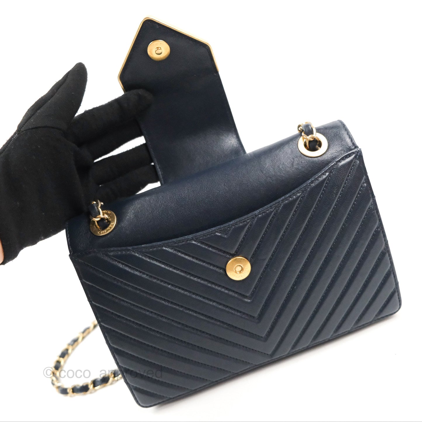 Chanel Mini Collar and Tie Flap Bag Chevron Navy Sheepskin Aged Gold Hardware