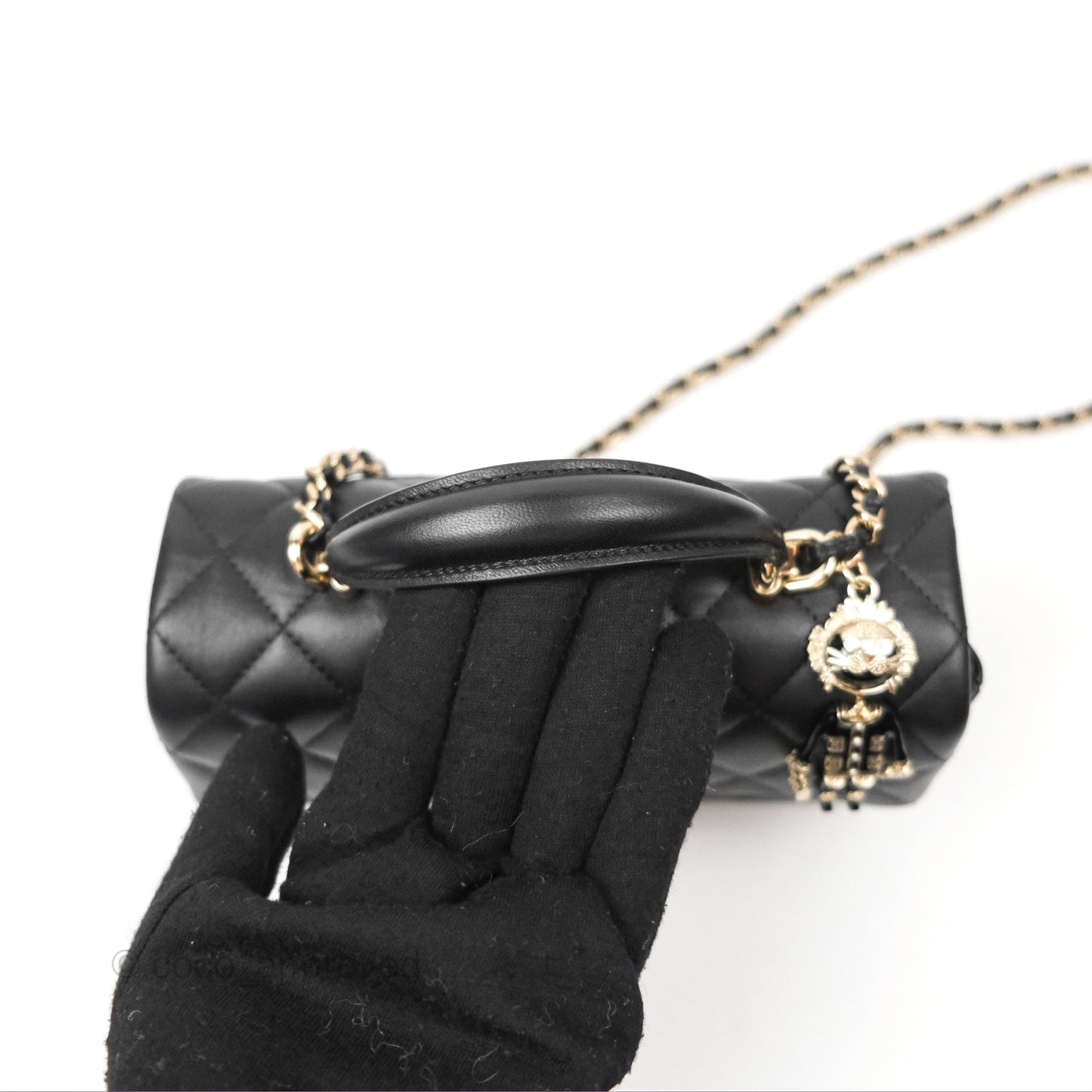Chanel Top Handle Mini Rectangular Flap Bag with Charm Black Lambskin Gold Hardware