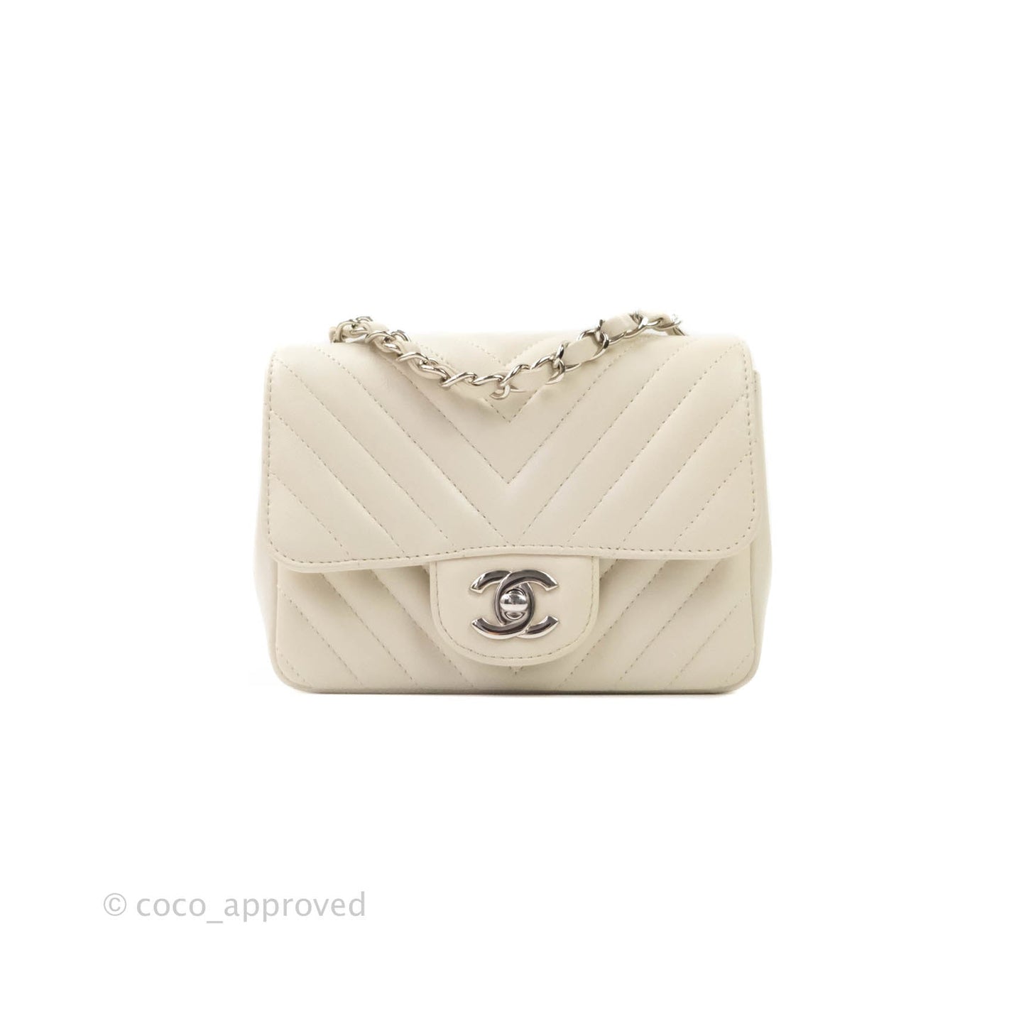 Chanel Mini Square Chevron Ivory Cream Lambskin Silver Hardware
