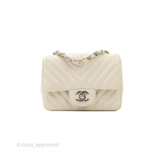 Chanel Mini Square Chevron Ivory Cream Lambskin Silver Hardware