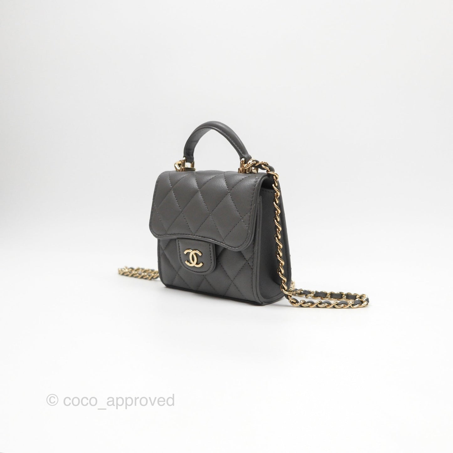 Chanel Mini Handle Clutch With Chain Grey Lambskin Gold Hardware