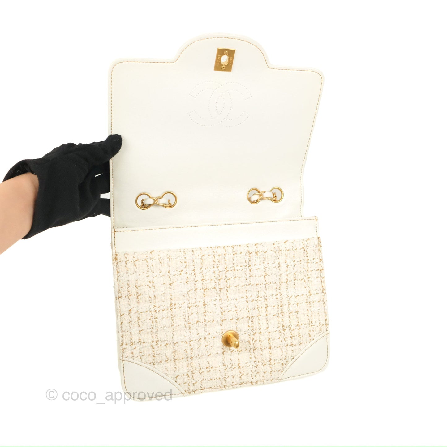 Chanel Small Tweed Flap Bag White Aged Gold Hardware