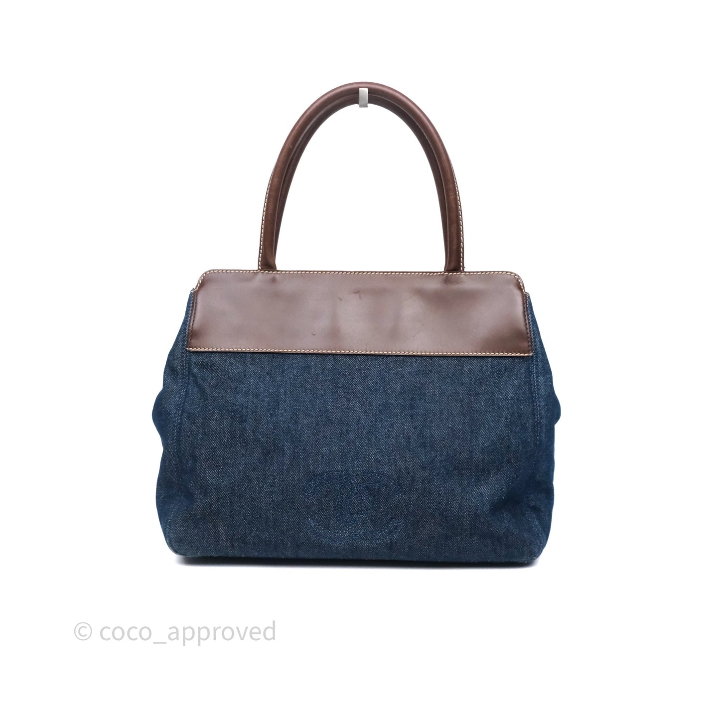 Chanel Vintage CC Tote Bag Denim Brown Leather