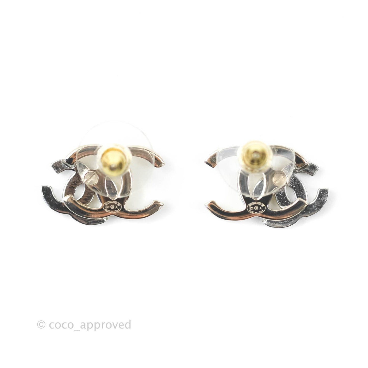 Chanel Double Crystal CC Earrings Silver & Gold Tone 21A