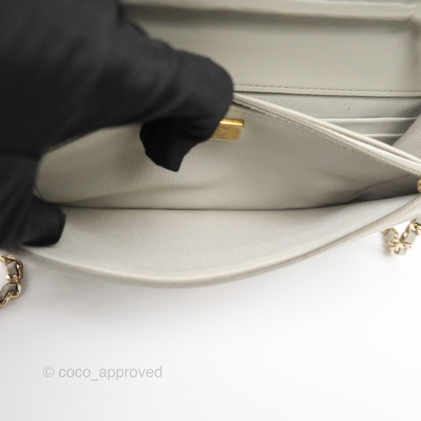 Chanel Classic Quilted Wallet on Chain WOC Light Grey Lambskin Gold Hardware