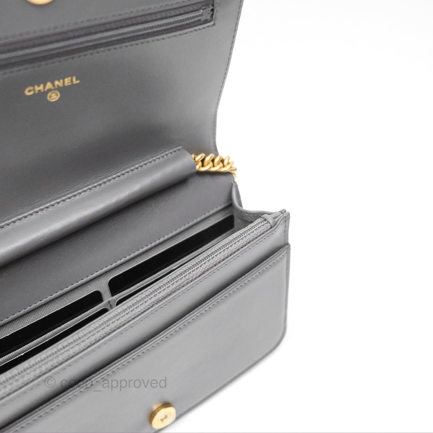 Chanel Quilted Boy Wallet on Chain WOC Grey Caviar Aged Gold Hardware