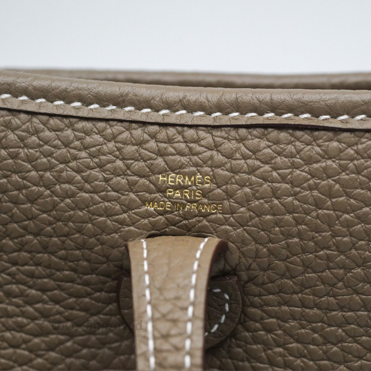 Hermès Mini Evelyne 16 Etoupe 18 Clemence Gold Hardware with Bleu Indigo Strap