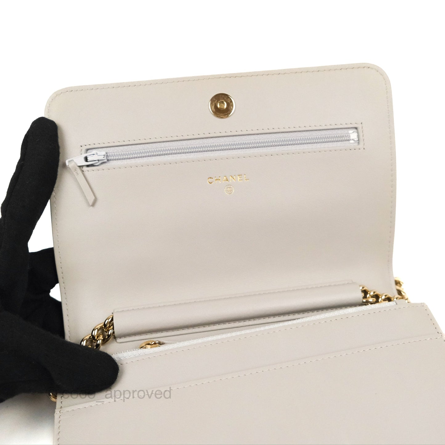 Chanel Quilted Boy Wallet on Chain WOC Light Grey Caviar Gold Hardware