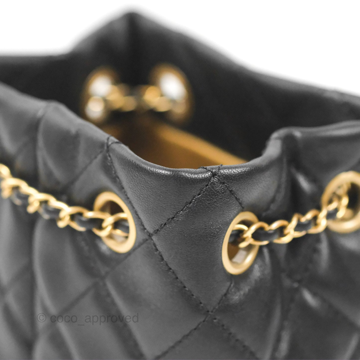 Chanel Pearl Crush Bucket Bag Black Lambskin Aged Gold Hardware