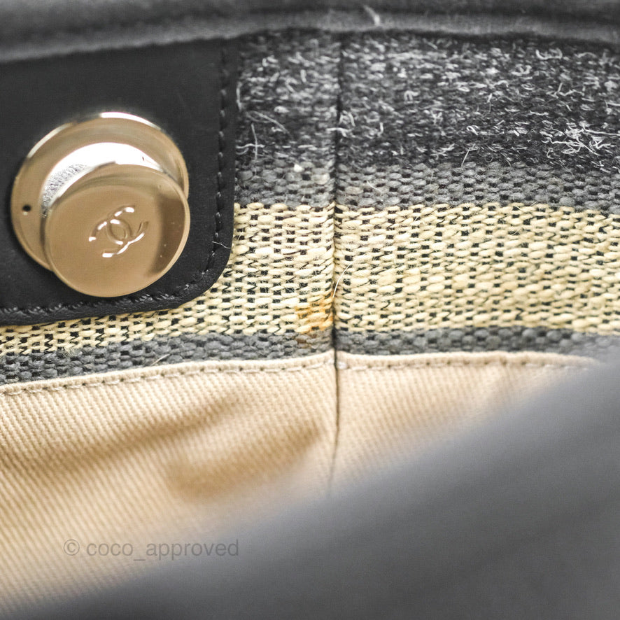 Chanel Mini Deauville Tote Black Stripe Canvas Silver Hardware