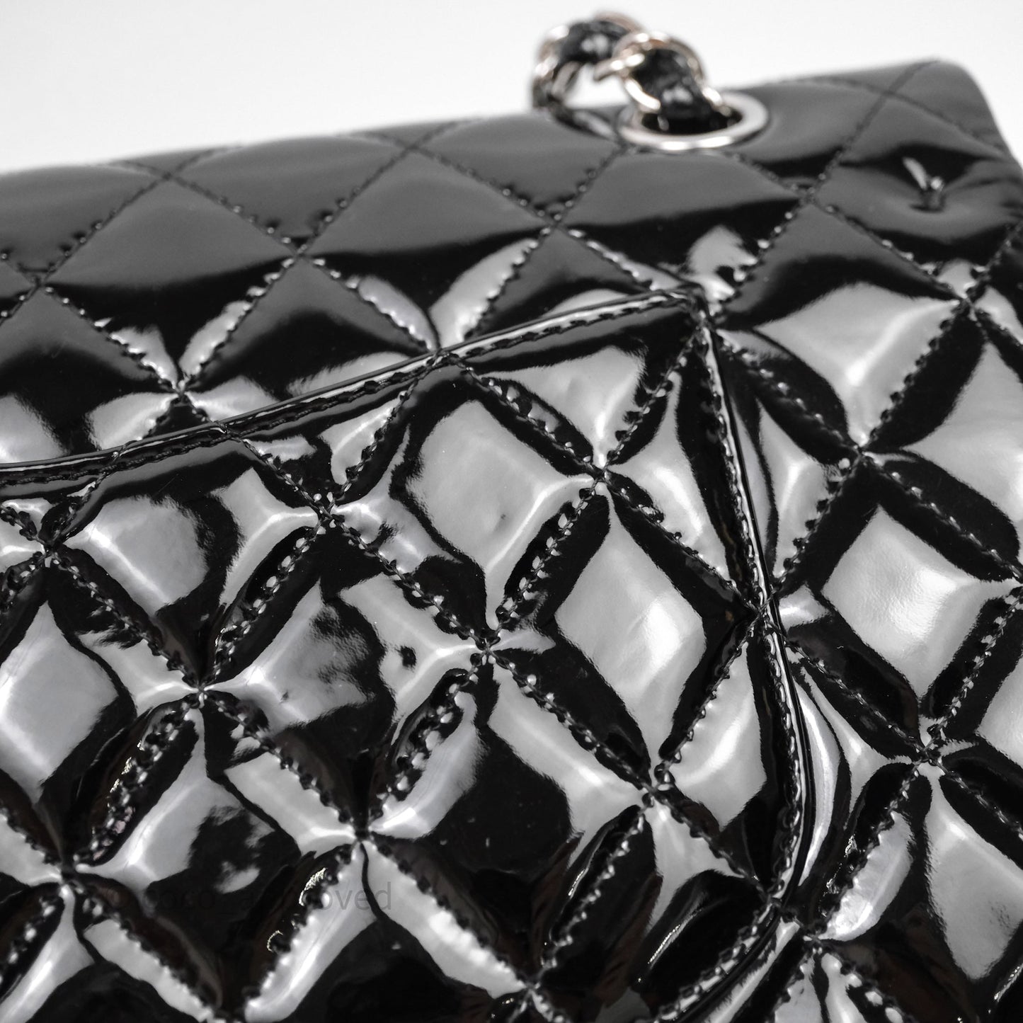 Chanel Medium Classic Flap Quilted Black Patent Silver Hardware