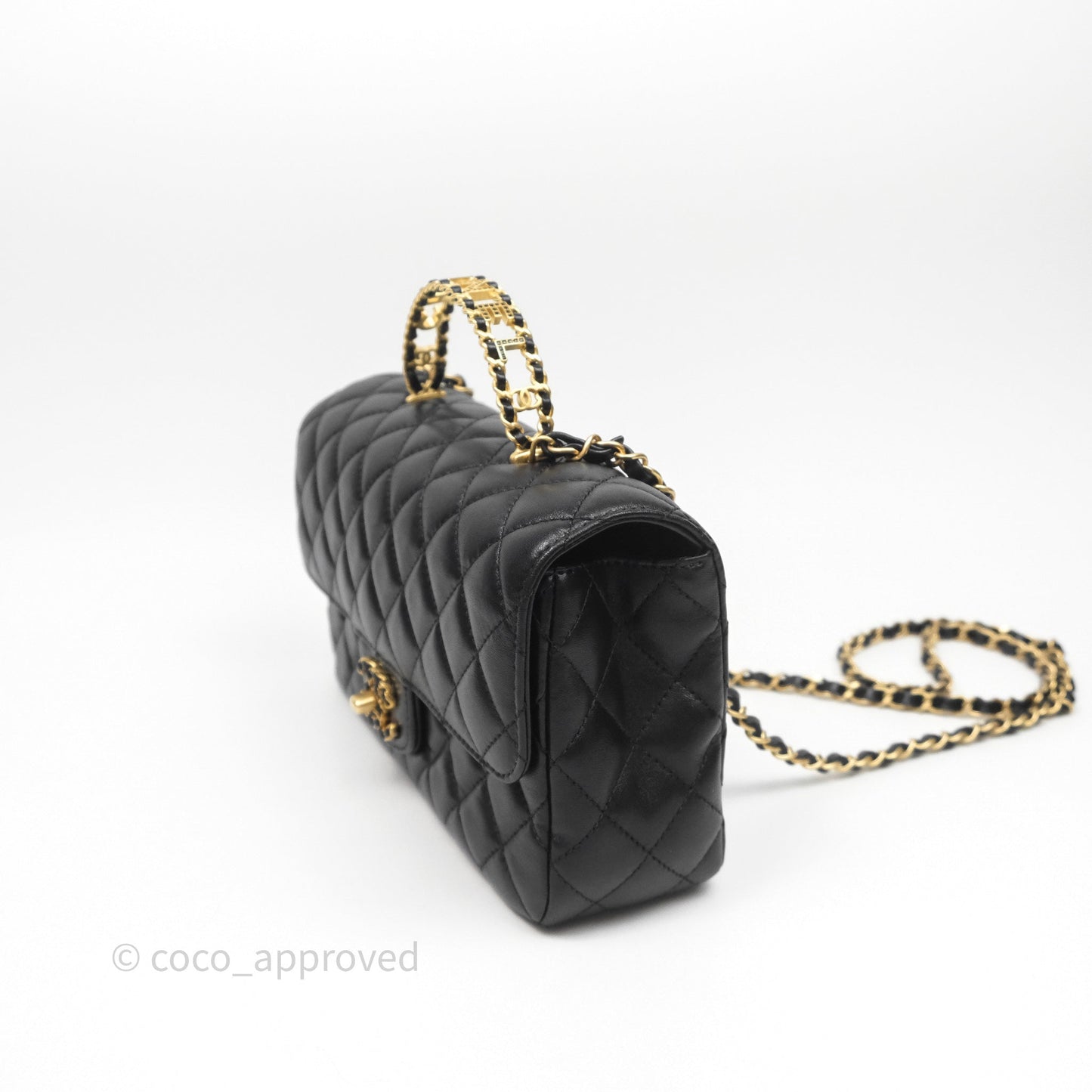 Chanel Logo Top Handle Small Flap Bag Black Lambskin Gold Hardware 24C