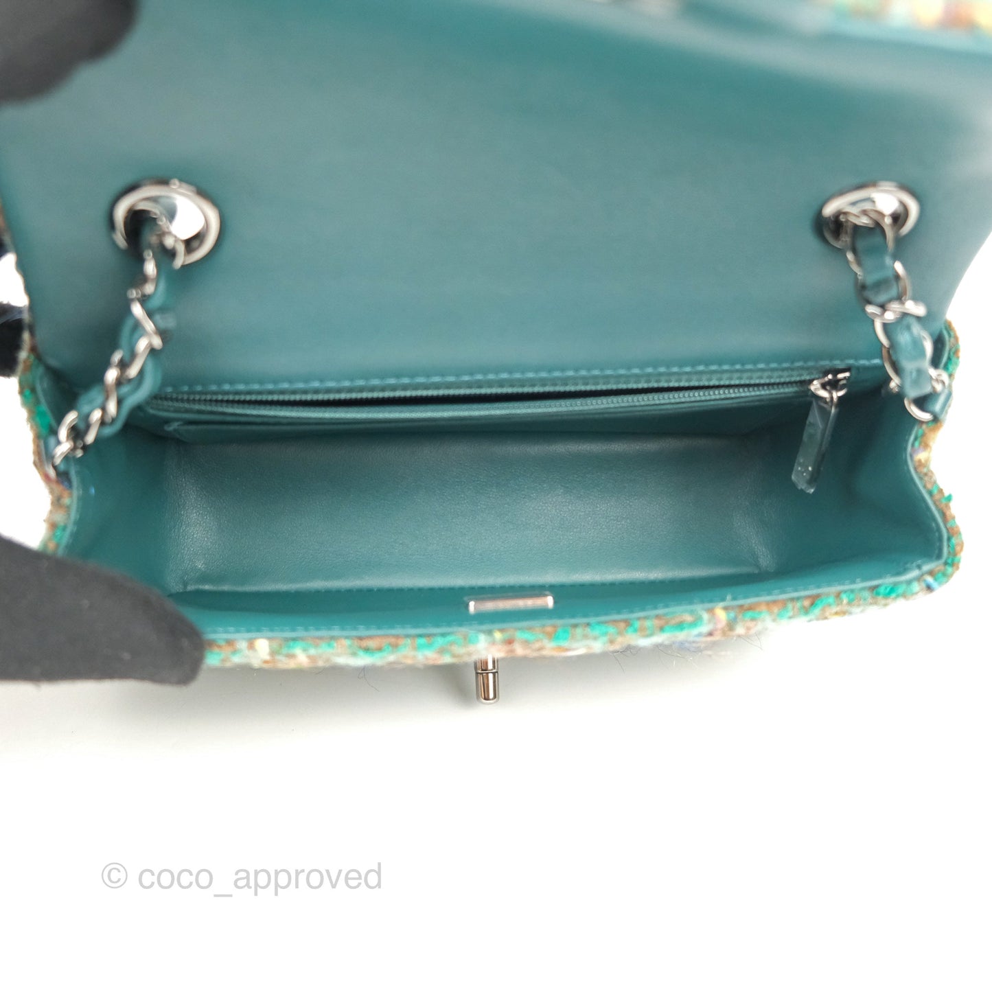 Chanel Mini Rectangular Flap Quilted Green Tweed Gun Metal 23A