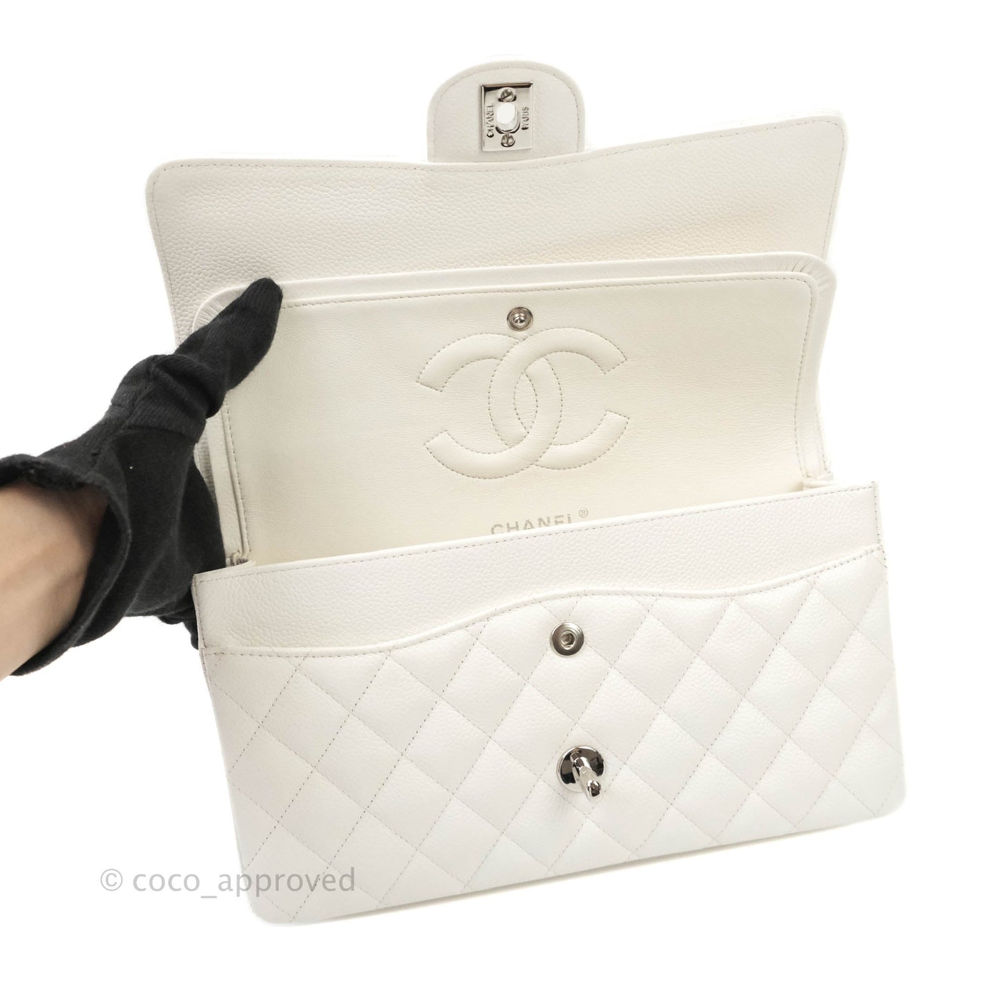 Chanel Quilted M/L Medium Double Flap White Caviar Silver Hardware