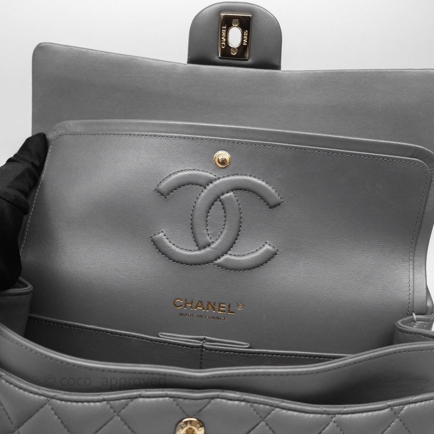 Chanel Classic M/L Medium Flap Quilted Grey Lambskin Gold Hardware
