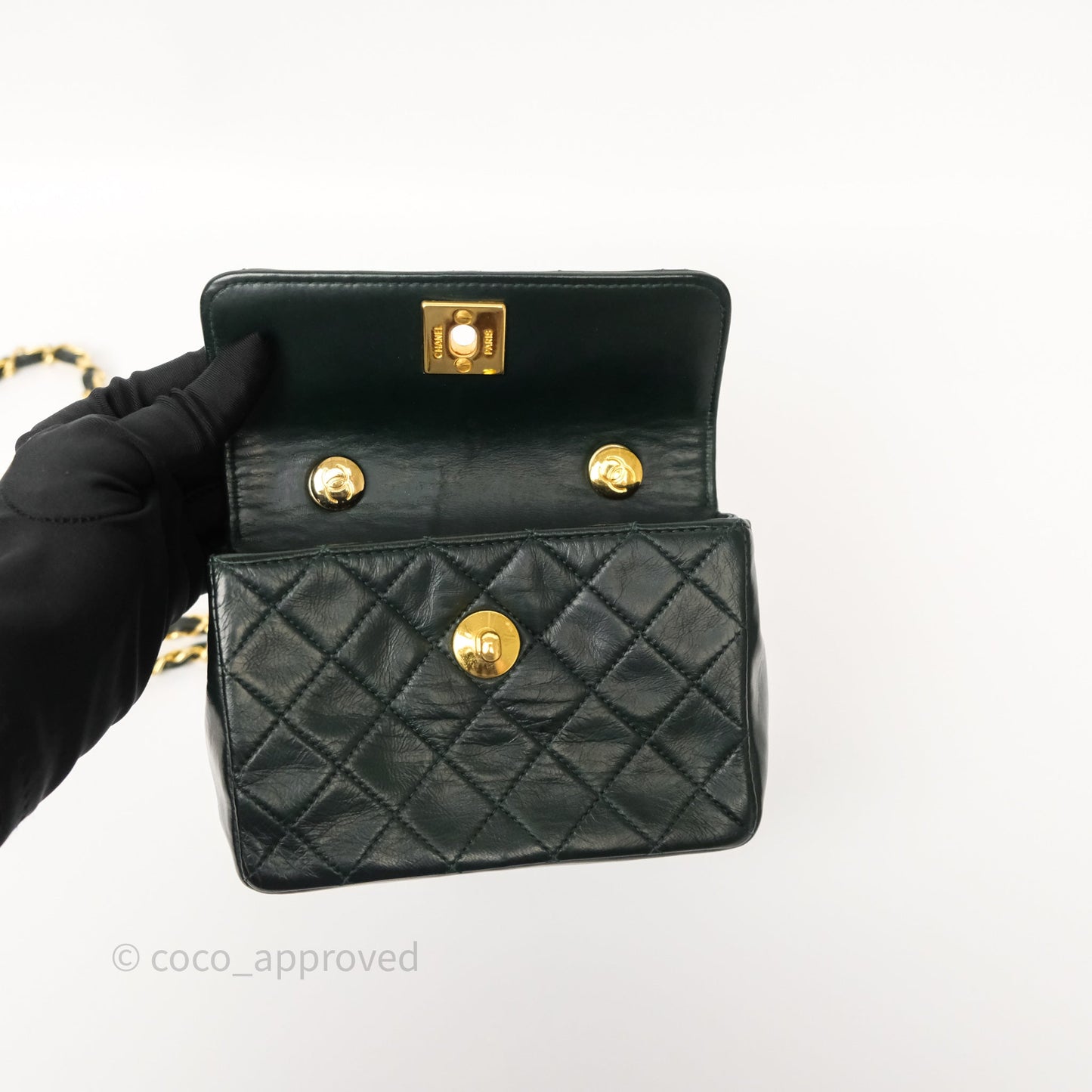 Chanel Vintage Mini Flap Bag Dark Green Lambskin Gold Hardware