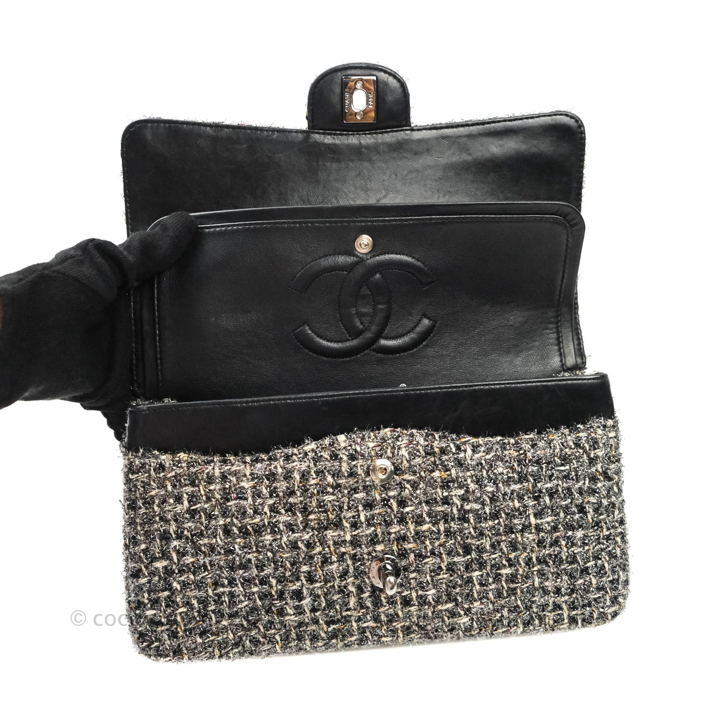Chanel Classic M/L Medium Double Flap Black Tweed Gun Metal