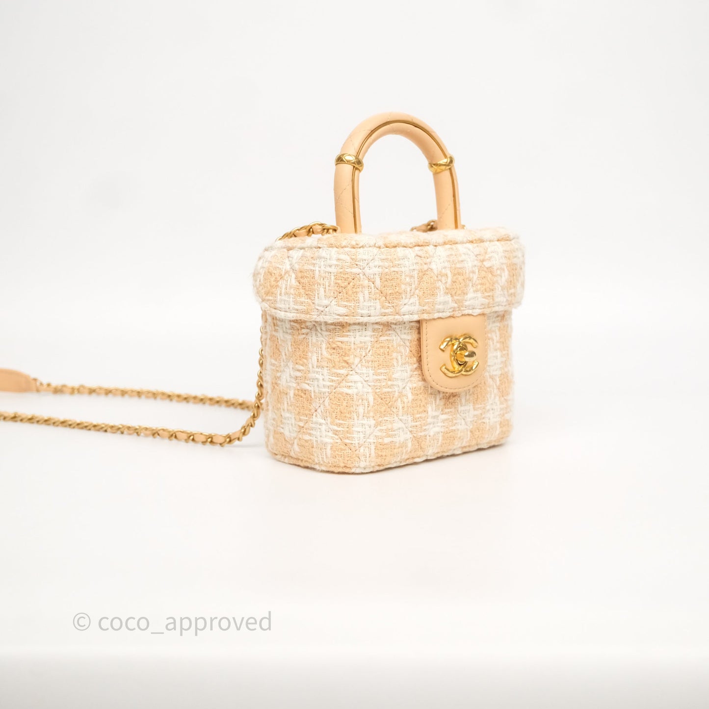 Chanel Vanity Case with Top Handle Orange Apricot Tweed Aged Gold Hardware