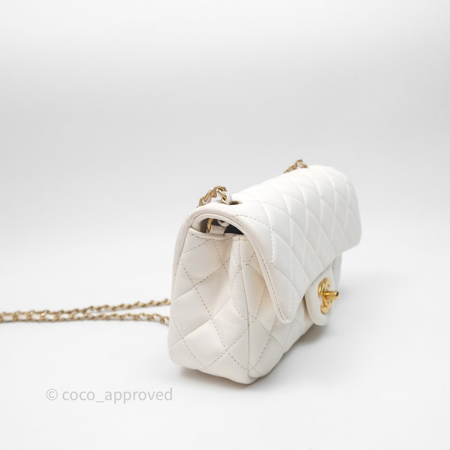 Chanel Mini Rectangular Pearl Crush Quilted White Lambskin Aged Gold Hardware