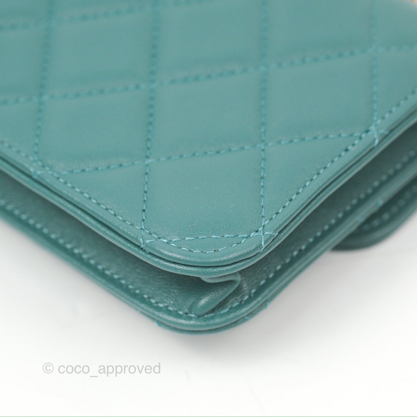 Chanel Mini Handle Flap Coin Purse With Chain Teal Green Lambskin Aged Gold Hardware