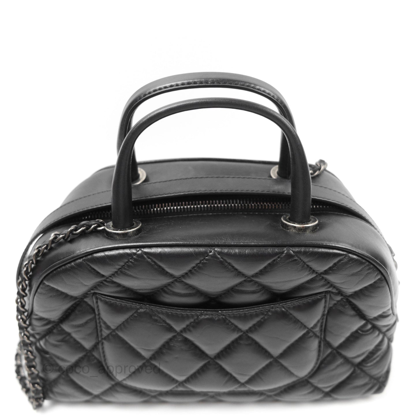 Chanel Quilted Small Handle Bowling Bag Black Aged Calfskin Ruthenium Hardware