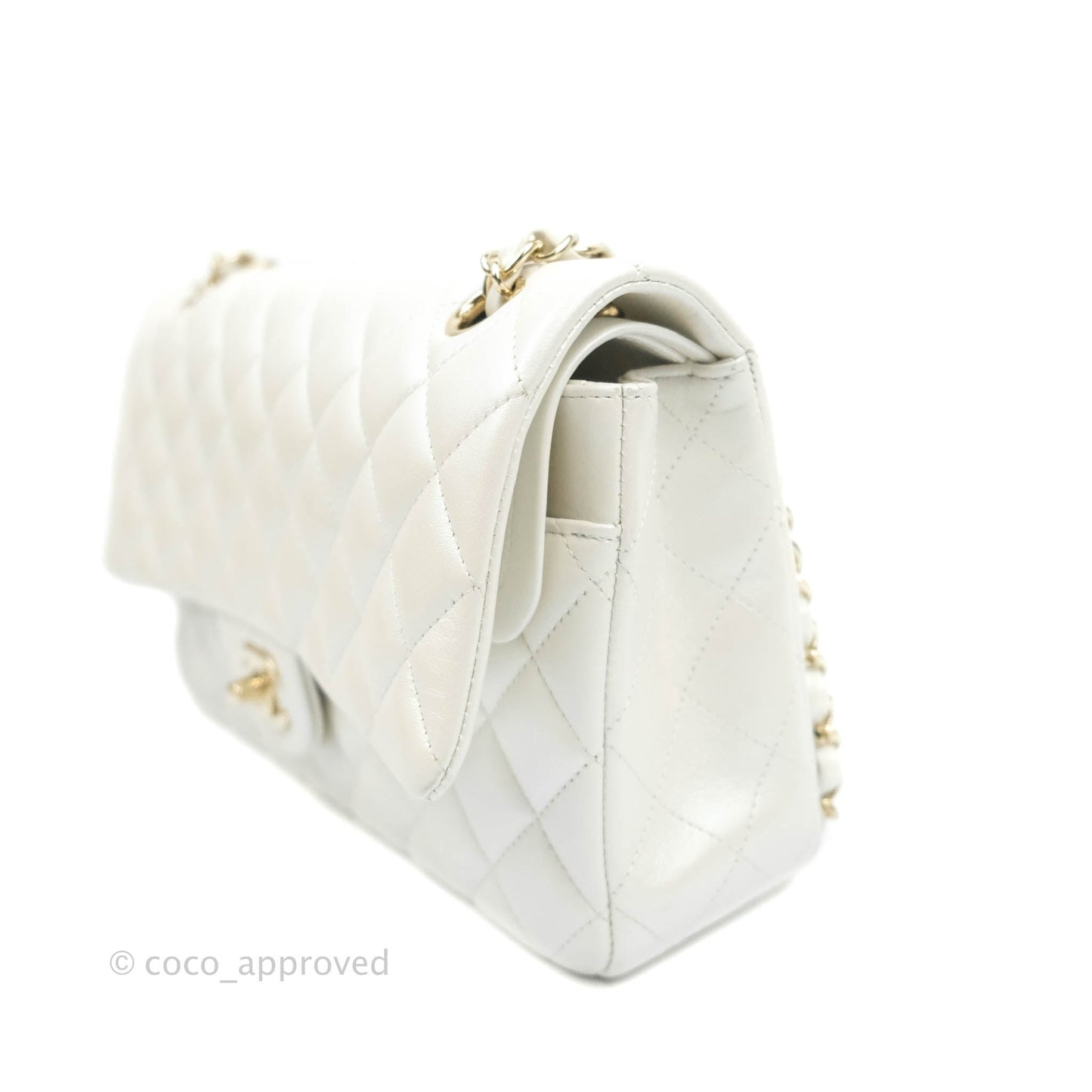Chanel Classic M/L Medium Double Flap Iridescent White Lambskin Gold Hardware