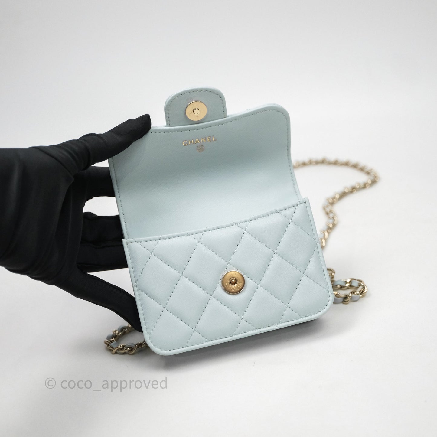 Chanel Mini Handle Flap Coin Purse With Chain Light Blue Lambskin Gold Hardware