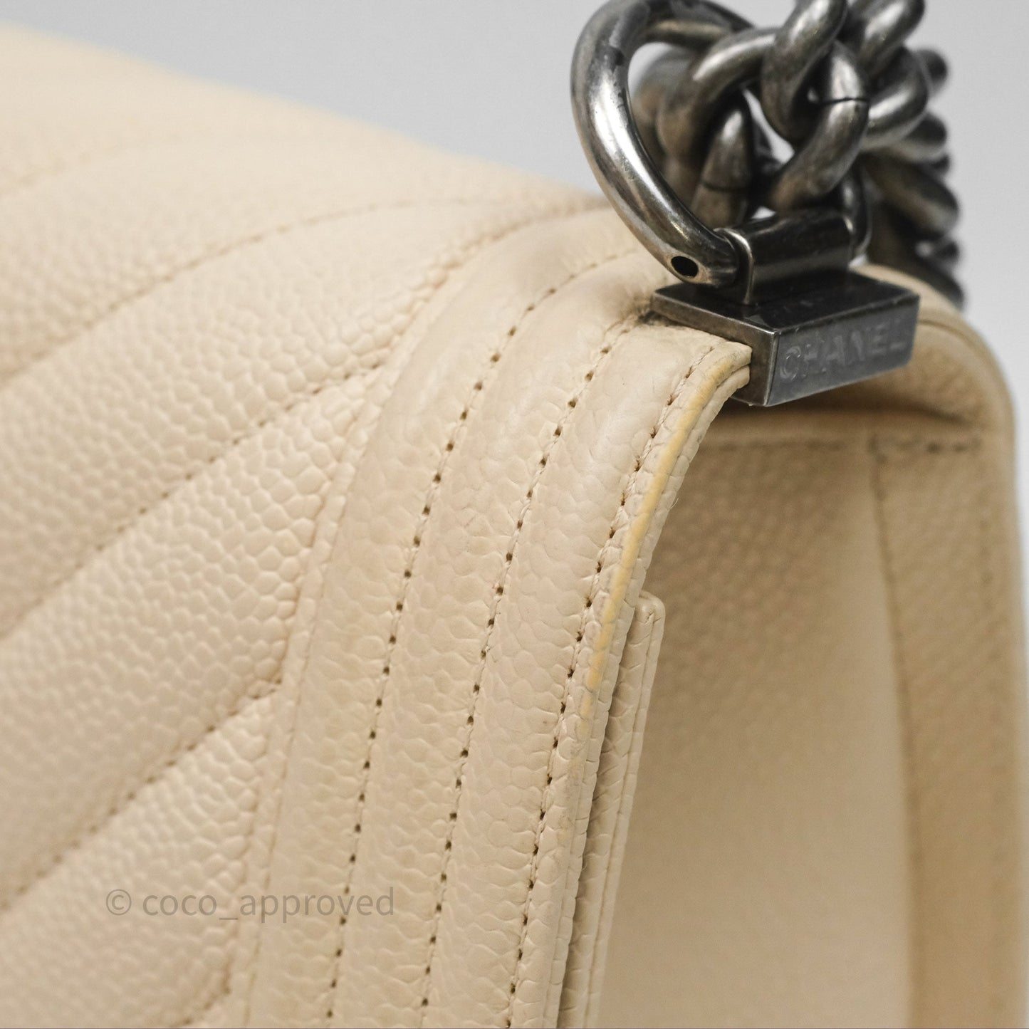 Chanel Medium Boy Chevron Beige Caviar Ruthenium Hardware