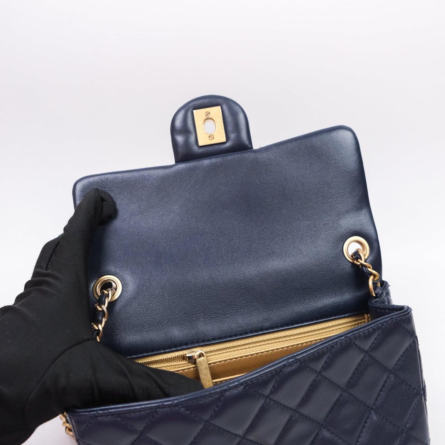 Chanel Mini Rectangular Pearl Crush Navy Lambskin Aged Gold Hardware