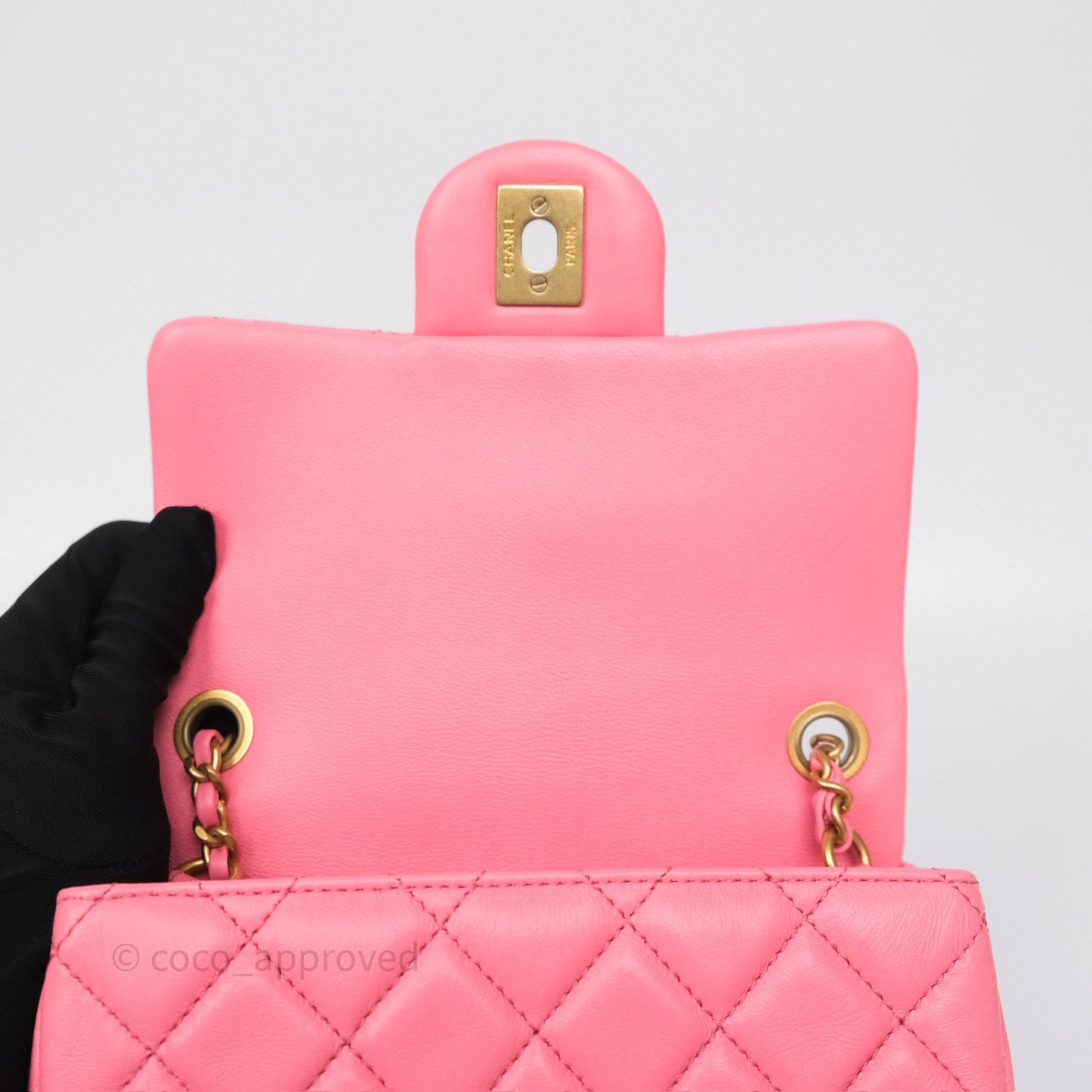 Chanel Pearl Crush Mini Square Quilted Pink Lambskin Aged Gold Hardware